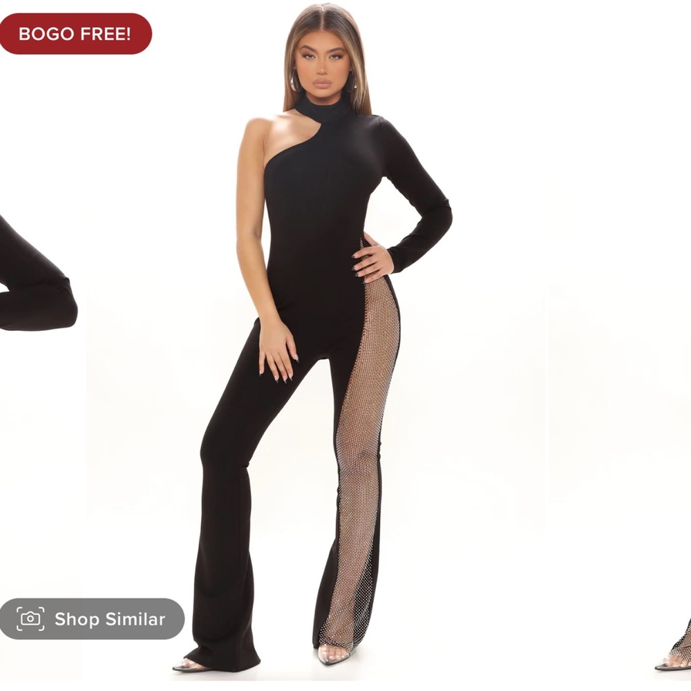 Fashion Nova One-Shoulder Black Mesh Panel Jumpsuit